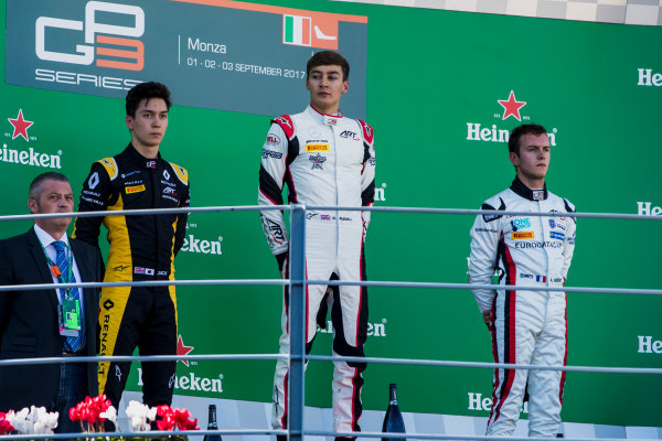 2017 GP3 Series Round 6. 
Autodromo Nazionale di Monza, Monza, Italy.
Sunday 3 September 2017.
Jack Aitken (GBR, ART Grand Prix), George Russell (GBR, ART Grand Prix), Anthoine Hubert (FRA, ART Grand Prix). 
Photo: Zak Mauger/GP3 Series Media Service.
ref: Digital Image _56I8897