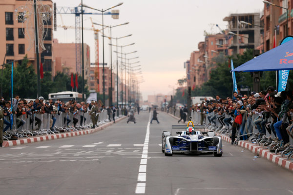 2016/2017 FIA Formula E Championship.
Marrakesh ePrix, Circuit International Automobile Moulay El Hassan, Marrakesh, Morocco.
Thursday 10 November 2016.
Michael Benyahia drives the SPARK SRT_01E at a street demo in Morocco
Photo: Sam Bloxham/LAT/Formula E
ref: Digital Image _SBB6155