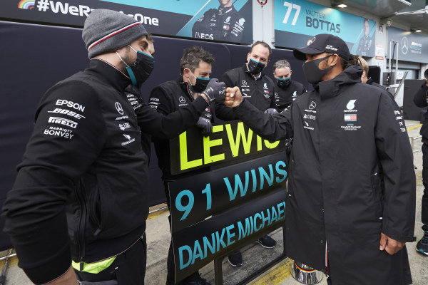 Lewis Hamilton, Mercedes-AMG Petronas F1, 1st position, celebrates with his team after securing his 91st F1 race win, equalling the record of Michael Schumacher Lewis Hamilton, Mercedes-AMG Petronas F1, 1st position, celebrates with his team after securing his 91st F1 race win, equalling the record of Michael Schumacher