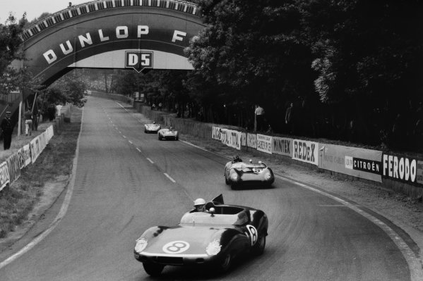 Le Mans, France. 20th - 21st June 1959
Ron Flockhart/Jock Lawrence, (Tojeiro-Jaguar), retired, leads Graham Hill/Derek Jolly, Lotus 15-Climax, retired, Bernard Consten/Paul Armagnac, (DB HBR4-Panhard), 11th position, and Carel Godin de Beaufort/Bino Heins, (Porsche 718RSK,) retired, action
World Copyright: LAT PhotographicRef: Autosport b&w print. Published: Autosport, 26/6/1959 p813 Le Mans, France. 20th - 21st June 1959
Ron Flockhart/Jock Lawrence, (Tojeiro-Jaguar), retired, leads Graham Hill/Derek Jolly, Lotus 15-Climax, retired, Bernard Consten/Paul Armagnac, (DB HBR4-Panhard), 11th position, and Carel Godin de Beaufort/Bino Heins, (Porsche 718RSK,) retired, action
World Copyright: LAT PhotographicRef: Autosport b&w print. Published: Autosport, 26/6/1959 p813