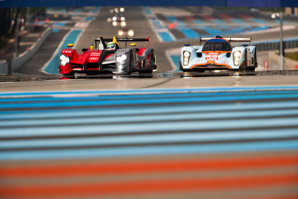 Paul Ricard, France. 9th - 11th April 2010. 
Dindo Capello / Tom Kristensen / Allan McNish, (Audi Sport Team Joest, Audi R15 TDI) leads Adrian Fernandez / Harold Primat / Stefan Mucke, (Aston Martin Racing, Lola Aston Martin). 
Action 
World Copyright: Drew Gibson/LAT Photographic. 
Digital Image _Y2Z9299