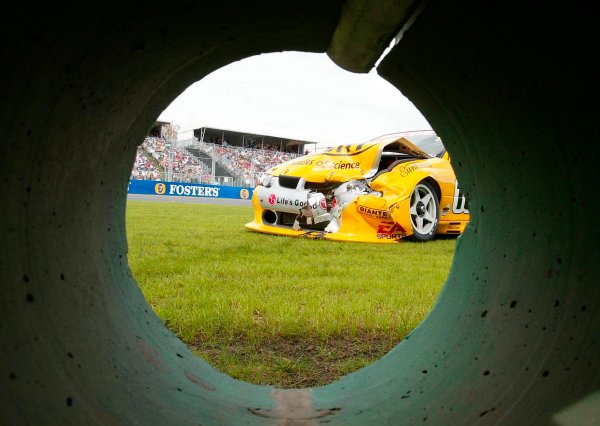 2003 Australian V8 Supercars Melbourne
Victoria,Australia 9th March 2003
The Holden Commodore of Paul Weel after crashing at the start of race 1 of the V8 Supercars at the 2003 Australian GP.
World Copyright: Mark Horsburgh/LAT
Photographic ref: Digital Image Only

