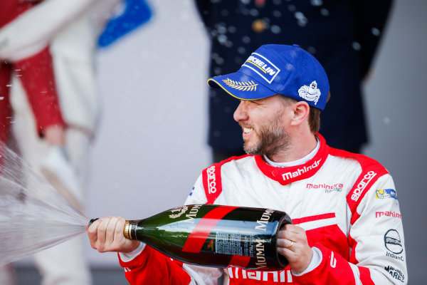 2016/2017 FIA Formula E Championship.
Monte-Carlo, Monaco
Saturday 13 May 2017.
Nick Heidfeld (GER), Mahindra Racing, Spark-Mahindra, Mahindra M3ELECTRO, sprays the champagne on the podium.
Photo: Alastair Staley/LAT/Formula E
ref: Digital Image _X0W1387