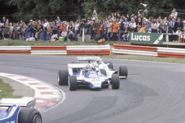 1980 British Grand Prix.
Brands Hatch, Great Britain. 11-13 July 1980.
Jacques Laffite (Ligier JS11/15-Ford Cosworth) and Alan Jones (Williams FW07B-Ford Cosworth) follow Didier Pironi (Ligier JS11/15-Ford Cosworth) early in the race. Jones finished in 1st position.
World Copyright: LAT Photographic
Ref: 35mm transparency 80GB16