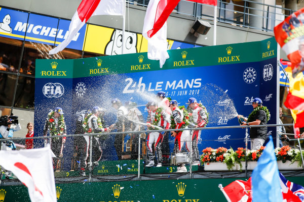 #3 Rebellion Racing Rebellion R-13: Mathias Beche, Gustavo Menezes, Thomas Laurent, finishes 3rd, #7 Toyota Gazoo Racing Toyota TS050: Mike Conway, Kamui Kobayashi, Jose Maria Lopez, finishes and Fernando Alonso, Toyota Gazoo Racing, and Sébastien Buemi, Toyota Gazoo Racing, celebrate win Le Mans 2018 #3 Rebellion Racing Rebellion R-13: Mathias Beche, Gustavo Menezes, Thomas Laurent, finishes 3rd, #7 Toyota Gazoo Racing Toyota TS050: Mike Conway, Kamui Kobayashi, Jose Maria Lopez, finishes and Fernando Alonso, Toyota Gazoo Racing, and Sébastien Buemi, Toyota Gazoo Racing, celebrate win Le Mans 2018