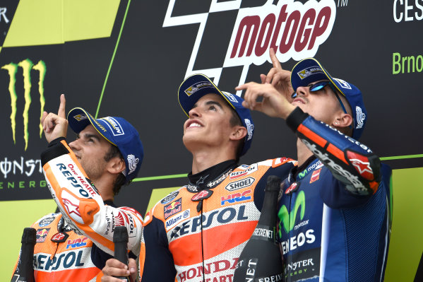 2017 MotoGP Championship - Round 10
Brno, Czech Republic
Sunday 6 August 2017
Podium: race winner Marc Marquez, Repsol Honda Team, second place Dani Pedrosa, Repsol Honda Team, third place Maverick Vi?ales, Yamaha Factory Racing
World Copyright: Gold and Goose / LAT Images
ref: Digital Image 50774