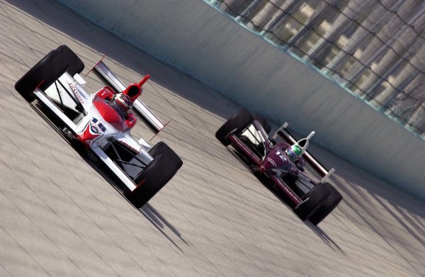 2003 IRL IndyCar Homestead, 2/28-3/2,2003, Homestead-Miami Speedway, USA Rookie Scott Mayer paces IRL newcomer Tora Takagi into turn three.
World Copyright-F
Peirce Williams 2003 LAT Photographic
ref: Digital Image Only