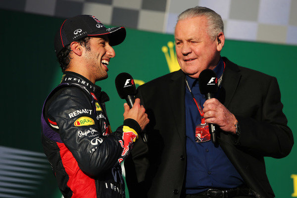 (L to R): Second placed Daniel Ricciardo (AUS) Red Bull Racing is interviewed by former F1 World Champion Alan Jones (AUS) on the podium.
Formula One World Championship, Rd1, Australian Grand Prix, Race, Albert Park, Melbourne, Australia, Sunday 16 March 2014. (L to R): Second placed Daniel Ricciardo (AUS) Red Bull Racing is interviewed by former F1 World Champion Alan Jones (AUS) on the podium.
Formula One World Championship, Rd1, Australian Grand Prix, Race, Albert Park, Melbourne, Australia, Sunday 16 March 2014.