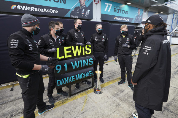 Lewis Hamilton, Mercedes-AMG Petronas F1, 1st position, celebrates with his team after securing his 91st F1 race win, equalling the record of Michael Schumacher Lewis Hamilton, Mercedes-AMG Petronas F1, 1st position, celebrates with his team after securing his 91st F1 race win, equalling the record of Michael Schumacher