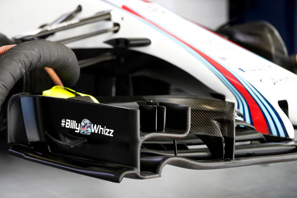 Sochi Autodrom, Sochi, Russia.
Friday 28 April 2017.
The Billy Whizz hashtag logo in support of recently injured F4 racer Billy Monger, as seen on the Williams front wing.
World Copyright: Glenn Dunbar/LAT Images
ref: Digital Image _31I8083 Sochi Autodrom, Sochi, Russia.
Friday 28 April 2017.
The Billy Whizz hashtag logo in support of recently injured F4 racer Billy Monger, as seen on the Williams front wing.
World Copyright: Glenn Dunbar/LAT Images
ref: Digital Image _31I8083