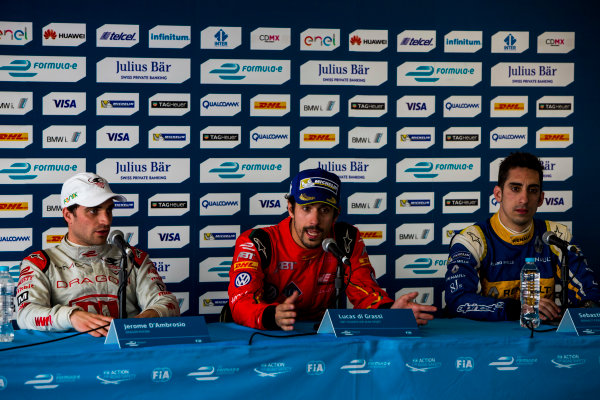 2015/2016 FIA Formula E Championship.
Mexico City ePrix, Autodromo Hermanos Rodriguez, Mexico City, Mexico.
Saturday 12 March 2016.
Lucas Di Grassi (BRA), ABT Audi Sport FE01, Jerome D'Ambrosio (FRA) Dragon Racing - Venturi VM200-FE-01 and Sebastien Buemi (SUI), Renault e.Dams Z.E.15.
Photo: Zak Mauger/LAT/Formula E
ref: Digital Image _79P4204