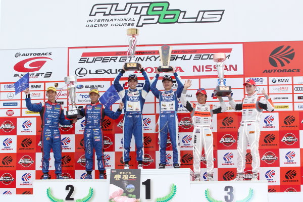 2017 Japanese Super GT Series.
Autopolis, Japan. 20th - 21st May 2017. Rd 3.
GT300 Winner Takamitsu Matsui & Kenta Yamashita ( #25 VivaC 86 MC ) 2nd position Takuto Iguchi & Hideki Yamauchi ( #61 SUBARU BRZ R&D SPORT ) 3rd position Shinichi Takagi & Sean Walkinshaw ( #55 ARTA BMW M6 GT3 ) podium, portrait
World Copyright: Masahide Kamio / LAT Images.
Ref: 2017SGT_Rd3_012 2017 Japanese Super GT Series.
Autopolis, Japan. 20th - 21st May 2017. Rd 3.
GT300 Winner Takamitsu Matsui & Kenta Yamashita ( #25 VivaC 86 MC ) 2nd position Takuto Iguchi & Hideki Yamauchi ( #61 SUBARU BRZ R&D SPORT ) 3rd position Shinichi Takagi & Sean Walkinshaw ( #55 ARTA BMW M6 GT3 ) podium, portrait
World Copyright: Masahide Kamio / LAT Images.
Ref: 2017SGT_Rd3_012