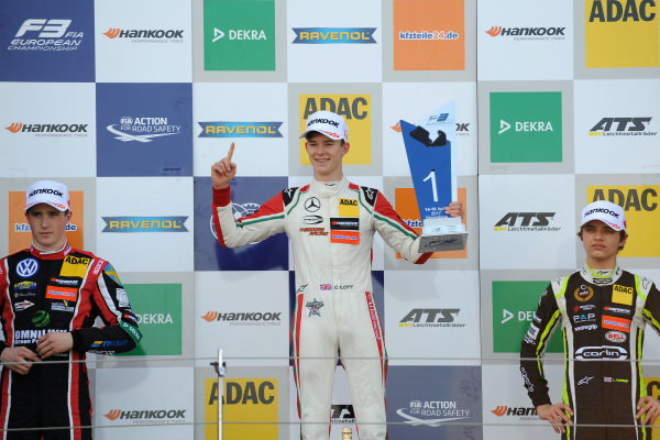 2017 FIA Formula 3 European Championship.
Round 1 - Silverstone, UK.
Sunday 16 April 2017.
Podium: Race winner Callum Ilott, Prema Powerteam, Dallara F317 - Mercedes-Benz, second place Joel Eriksson, Motopark, Dallara F317 - Volkswagen, third place Lando Norris, Carlin, Dallara F317 - Volkswagen
World Copyright: Ebrey/LAT Images
ref: Digital Image PM2_5034 2017 FIA Formula 3 European Championship.
Round 1 - Silverstone, UK.
Sunday 16 April 2017.
Podium: Race winner Callum Ilott, Prema Powerteam, Dallara F317 - Mercedes-Benz, second place Joel Eriksson, Motopark, Dallara F317 - Volkswagen, third place Lando Norris, Carlin, Dallara F317 - Volkswagen
World Copyright: Ebrey/LAT Images
ref: Digital Image PM2_5034