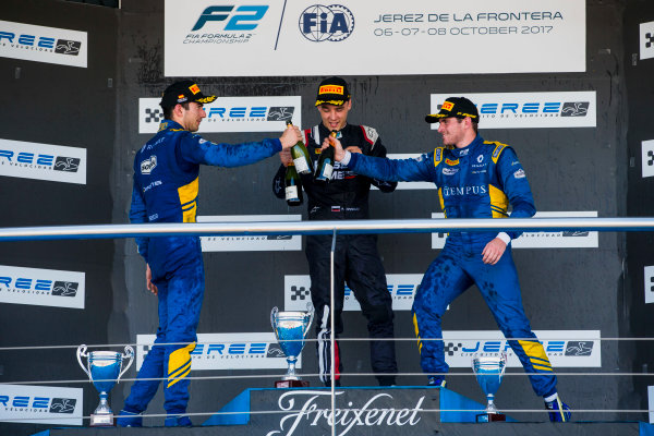 2017 FIA Formula 2 Round 10.
Circuito de Jerez, Jerez, Spain.
Sunday 8 October 2017.
Nicholas Latifi (CAN, DAMS), Artem Markelov (RUS, RUSSIAN TIME), Oliver Rowland (GBR, DAMS). 
Photo: Zak Mauger/FIA Formula 2.
ref: Digital Image _X0W2965