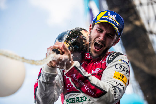 2017/2018 FIA Formula E Championship.
Round 5 - Mexico City ePrix.
Autodromo Hermanos Rodriguez, Mexico City, Mexico.
Saturday 3 March 2018.
Daniel Abt (GER), Audi Sport ABT Schaeffler, Audi e-tron FE04, sprays the champagne after winning the race.
Photo: Sam Bloxham/LAT/Formula E
ref: Digital Image _W6I3704