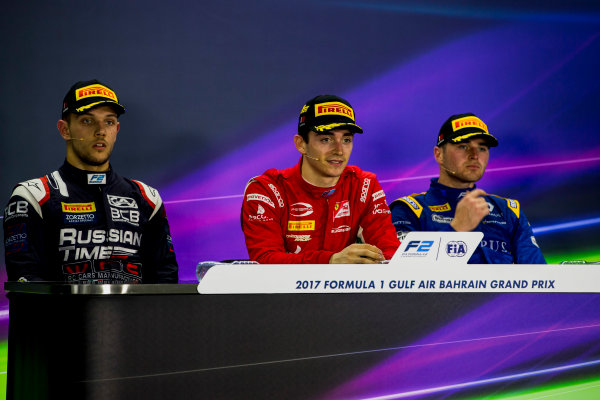 2017 FIA Formula 2 Round 1.
Bahrain International Circuit, Sakhir, Bahrain. 
Sunday 16 April 2017.Luca Ghiotto (ITA, RUSSIAN TIME), Charles Leclerc (MCO, PREMA Racing), Oliver Rowland (GBR, DAMS) 
Photo: Zak Mauger/FIA Formula 2.
ref: Digital Image _X0W5167