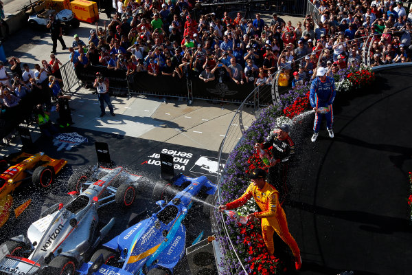 Verizon IndyCar Series
IndyCar Grand Prix
Indianapolis Motor Speedway, Indianapolis, IN USA
Saturday 13 May 2017
Will Power, Team Penske Chevrolet, Scott Dixon, Chip Ganassi Racing Teams Honda, Ryan Hunter-Reay, Andretti Autosport Honda celebrate with champagne on the podium
World Copyright: Phillip Abbott
LAT Images
ref: Digital Image abbott_indyGP_0517_6069