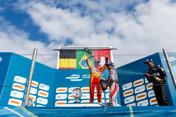 2014/2015 FIA Formula E Championship.
Berlin ePrix, Berlin Tempelhof Airport, Germany.
Saturday 23 May 2015
Podium. 1st, Lucas di Grassi (BRA)/Audi Abt Sport - Spark-Renault SRT_01E, 2nd, Jerome D'Ambrosio (BEL)/Dragon Racing - Spark-Renault SRT_01E and 3rd, Sebastien Buemi (SWI)/E.dams Renault - Spark-Renault SRT_01E.
Photo: Zak Mauger/LAT/Formula E
ref: Digital Image _L0U9729
2014/2015 FIA Formula E Championship.
Berlin ePrix, Berlin Tempelhof Airport, Germany.
Saturday 23 May 2015
Podium. 1st, Lucas di Grassi (BRA)/Audi Abt Sport - Spark-Renault SRT_01E, 2nd, Jerome D'Ambrosio (BEL)/Dragon Racing - Spark-Renault SRT_01E and 3rd, Sebastien Buemi (SWI)/E.dams Renault - Spark-Renault SRT_01E.
Photo: Zak Mauger/LAT/Formula E
ref: Digital Image _L0U9729