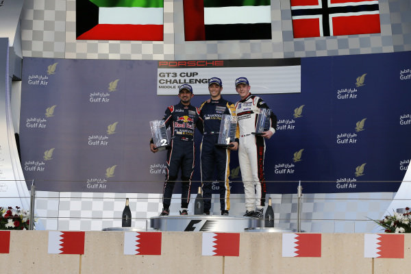 Podium (L to R): Zaid Ashkanani (KWT) Al Nabooda Racing, Jeffrey Schmidt (ARE) Al Nabooda Racing and Dennis Olsen (NOR) DHL Bahrain at Porsche GT3 Cup Middle East, Race One, Bahrain International Circuit, Sakhir, Bahrain, 2 April 2016.