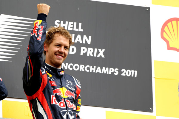 Spa-Francorchamps, Spa, Belgium
28th August 2011.
Sebastian Vettel, Red Bull Racing RB7 Renault, 1st position, on the podium. Portrait. Podium.
World Copyright: Andy Hone/LAT Photographic
ref: Digital Image CI0C2469 Spa-Francorchamps, Spa, Belgium
28th August 2011.
Sebastian Vettel, Red Bull Racing RB7 Renault, 1st position, on the podium. Portrait. Podium.
World Copyright: Andy Hone/LAT Photographic
ref: Digital Image CI0C2469