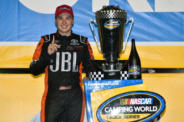 NASCAR Camping World Truck Series
Ford EcoBoost 200
Homestead-Miami Speedway, Homestead, FL USA
Friday 17 November 2017
Christopher Bell, JBL Toyota Tundra celebrates winning the 2017 NASCAR Camping world Truck Series Championship
World Copyright: Nigel Kinrade
LAT Images