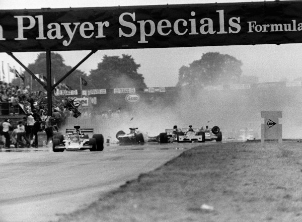 1973 British Grand Prix.
Silverstone, England.
12-14 July 1973.
Jody Scheckter (McLaren M23 Ford) causes a multiple pile-up at the end of lap 1. Amazingly only Andrea de Adamich was injured.
World Copyright - LAT Photographic.
ref: L73/1179/22