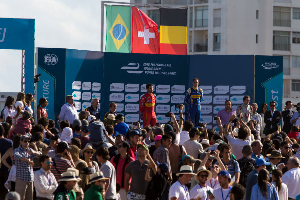 2015/2016 FIA Formula E Championship.
Punta del Este ePrix, Punta del Este, Uruguay.
Saturday 19 December 2015.
Sebastien Buemi (SUI), Renault e.Dams Z.E.15, Lucas Di Grassi (BRA), ABT Audi Sport FE01 and Jerome D'Ambrosio (FRA) Dragon Racing - Venturi VM200-FE-01 on the podium.
Photo: Zak Mauger/LAT/Formula E
ref: Digital Image _L0U8873