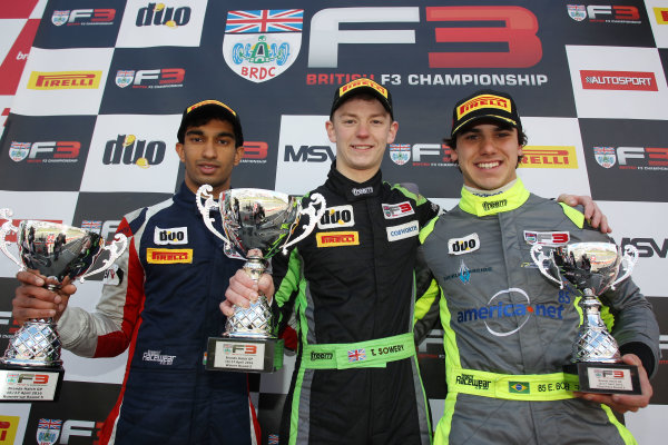 2016 BRDC British Formula 3 Championship,
Brands Hatch, Kent. 16th - 17th April 2016.
Race 2 Podium (l-r) Tarun Reddy (IND) Fortec Motorsports BRDC F3, Toby Sowery (GBR) Lanan Racing BRDC F3, Enzo Bortoleto (BRA) Double R Racing BRDC F3.
World Copyright: Ebrey / LAT Photographic.