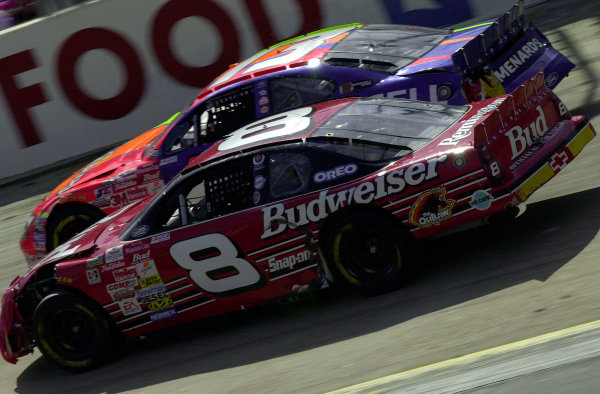 Dale Earnhardt Jr.(#8) slips under Robby Gordon late in the race. Both drivers suffered accidents early in the race and finished 38th and 32nd, respectivly.
NASCAR Food City 500 at Bristol Motor Speedway (Tenn)
26 March, 2000
LAT PHOTOGRAPHIC

