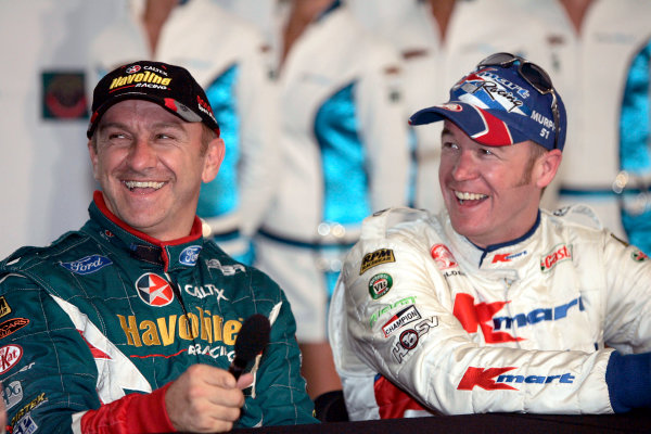 2004 Australian V8 Supercars
Symmons Plain Raceway, Tasmania. November 14th.
V8 Supercar driver and round winner Russell Ingall (L) and 2nd place driver Greg Murphy at Round 12. Portrait.
World Copyright: Mark Horsburgh/LAT Photographic
ref: Digital Image Only 2004 Australian V8 Supercars
Symmons Plain Raceway, Tasmania. November 14th.
V8 Supercar driver and round winner Russell Ingall (L) and 2nd place driver Greg Murphy at Round 12. Portrait.
World Copyright: Mark Horsburgh/LAT Photographic
ref: Digital Image Only