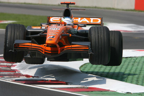 Adrian Sutil, Spyker F8-VII Ferrari, gets airborne over the kerbs at the last chicane during practice. Adrian Sutil, Spyker F8-VII Ferrari, gets airborne over the kerbs at the last chicane during practice.