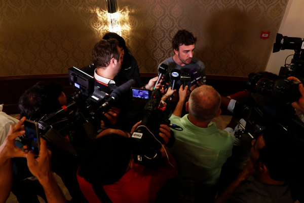 Bahrain International Circuit, Sakhir, Bahrain. 
Wednesday 12 April 2017.
Fernando Alonso talks to the media after announcing his deal to race in the 2017 Indianapolis 500 in an Andretti Autosport run McLaren Honda car.
World Copyright: Glenn Dunbar/LAT Images
ref: Digital Image _X4I0259