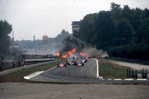 The crash at the start in which Ronnie Peterson lost his life. Gilles Villeneuve, Ferrari 312T3, Niki Lauda, Brabham BT46 Alfa Romeo, and Mario Andretti, Lotus 79 Ford, lead as the accident takes place behind them. The crash at the start in which Ronnie Peterson lost his life. Gilles Villeneuve, Ferrari 312T3, Niki Lauda, Brabham BT46 Alfa Romeo, and Mario Andretti, Lotus 79 Ford, lead as the accident takes place behind them.