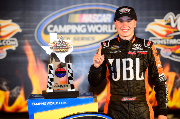 NASCAR Camping World Truck Series
winstaronlinegaming.com 400
Texas Motor Speedway, Ft. Worth, TX USA
Friday 9 June 2017
Christopher Bell, JBL Toyota Tundra, celebrates in Victory Lane.
World Copyright: John K Harrelson
LAT Images
ref: Digital Image 17TEX2jh_02561 NASCAR Camping World Truck Series
winstaronlinegaming.com 400
Texas Motor Speedway, Ft. Worth, TX USA
Friday 9 June 2017
Christopher Bell, JBL Toyota Tundra, celebrates in Victory Lane.
World Copyright: John K Harrelson
LAT Images
ref: Digital Image 17TEX2jh_02561