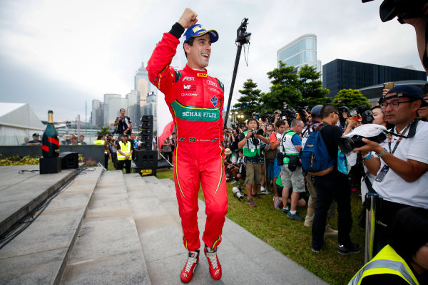 FIA Formula E Hong Kong e-Prix.
Podium.
Lucas Di Grassi (BRA), ABT Schaeffler Audi Sport, Spark-Abt Sportsline, ABT Schaeffler FE02. 
Hong Kong Harbour, Hong Kong, Asia.
Sunday 9 October 2016.
Photo: Adam Warner / FE / LAT
ref: Digital Image _L5R8373
