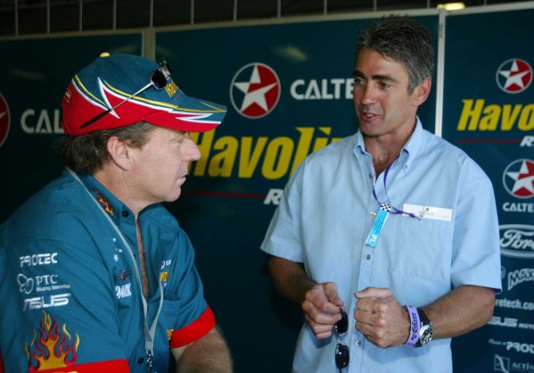 2002 Australian V8 Supercars
Adelaide Clipsal 500. Australia. 17th March 2002.
Former 500cc World Champion Wayn Gardner now driving for the Caltex Ford team talks with 5 times World 500cc Champion Mick Doohan.
World Copyright: Mark Horsburgh/LAT Photographic
ref: Digital Image Only 2002 Australian V8 Supercars
Adelaide Clipsal 500. Australia. 17th March 2002.
Former 500cc World Champion Wayn Gardner now driving for the Caltex Ford team talks with 5 times World 500cc Champion Mick Doohan.
World Copyright: Mark Horsburgh/LAT Photographic
ref: Digital Image Only