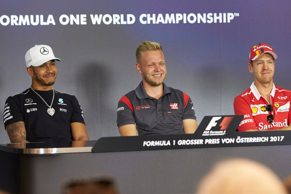 Red Bull Ring, Spielberg, Austria.
Thursday 6 July 2017.
The Thursday press conference. L-R: Lewis Hamilton, Mercedes AMG, Kevin Magnussen, Haas F1 and Sebastian Vettel, Ferrari. 
World Copyright: Steve Etherington/LAT Images
ref: Digital Image SNE14657