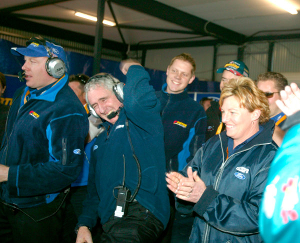 2003 Australian V8 Supercars
Oran Park, Sydney, Australia. 17th August 2003.
Stone Brothers Racing owner Jimmy Stone punches the air as Marcos Ambrose take pole by .62sec over Murphy at Sydneys Oran Park. 
World Copyright: Mark Horsburgh/LAT Photographic
ref: Digital Image Only