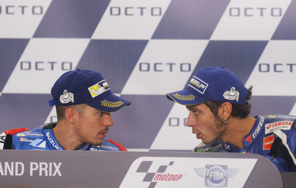 2016 MotoGP Championship. 
British Grand Prix. 
Silverstone, England. 2nd - 4th September 2016. 
Maverick Vinales, Suzuki, and Valentino Rossi, Yamaha, during the press conference. 
Ref: _W7_9621a. World copyright: Kevin Wood/LAT Photographic