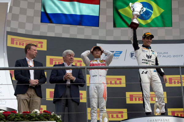 2017 FIA Formula 2 Round 8.
Spa-Francorchamps, Spa, Belgium.
Sunday 27 August 2017.
Sergio Sette Camara (BRA, MP Motorsport) celebrates his victory on the podium with Nyck De Vries (NED, Racing Engineering) and Luca Ghiotto (ITA, RUSSIAN TIME). 
Photo: Alastair Staley/FIA Formula 2.
ref: Digital Image _L5R6043