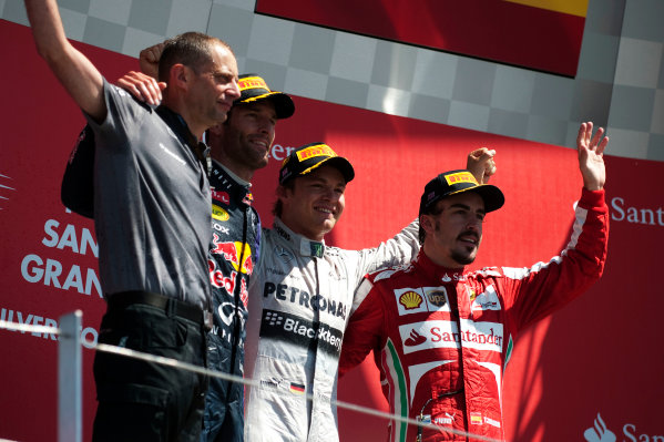 Silverstone, Northamptonshire, England
30th June 2013
Nico Rosberg, Mercedes AMG, 1st position, Mark Webber, Red Bull Racing, 2nd position, and Fernando Alonso, Ferrari, 3rd position, on the podium
World Copyright: Chris Bird/ 
ref: Digital Image _CJB6825