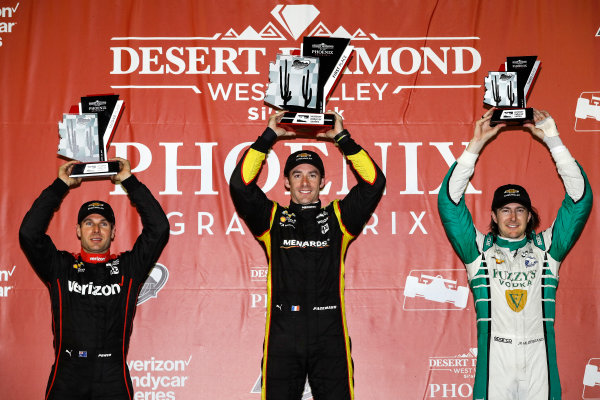 Verizon IndyCar Series
Desert Diamond West Valley Phoenix Grand Prix
Phoenix Raceway, Avondale, AZ USA
Saturday 29 April 2017
Will Power, Team Penske Chevrolet Simon Pagenaud, Team Penske Chevrolet JR Hildebrand, Ed Carpenter Racing Chevrolet podium
World Copyright: Michael L. Levitt
LAT Images