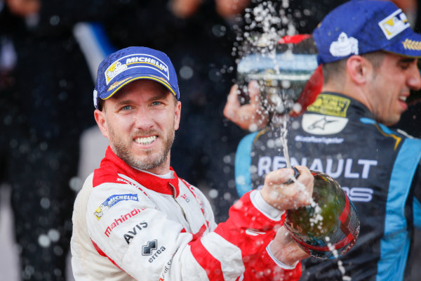 2016/2017 FIA Formula E Championship.
Monte-Carlo, Monaco
Saturday 13 May 2017.
Nick Heidfeld (GER), Mahindra Racing, Spark-Mahindra, Mahindra M3ELECTRO, sprays the champagne on the podium.
Photo: Alastair Staley/LAT/Formula E
ref: Digital Image _X0W1410