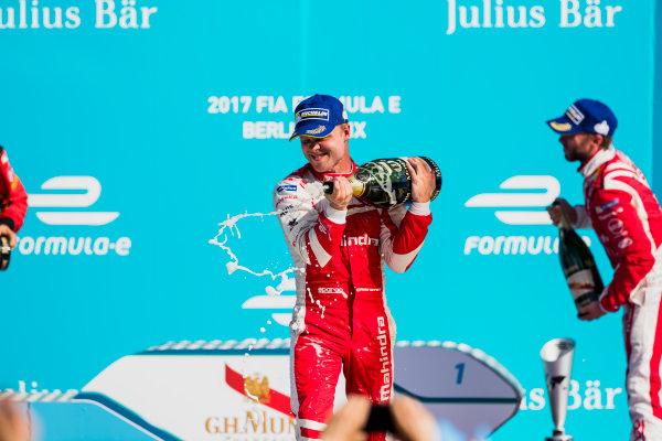 2016/2017 FIA Formula E Championship.
Round 7 - Berlin ePrix, Tempelhof Airport, Berlin, Germany.
Saturday 10 June 2017.
Felix Rosenqvist (SWE), Mahindra Racing, Spark-Mahindra, Mahindra M3ELECTRO, sprays the champagne on the podium.
Photo: Zak Mauger/LAT/Formula E
ref: Digital Image _54I7691 2016/2017 FIA Formula E Championship.
Round 7 - Berlin ePrix, Tempelhof Airport, Berlin, Germany.
Saturday 10 June 2017.
Felix Rosenqvist (SWE), Mahindra Racing, Spark-Mahindra, Mahindra M3ELECTRO, sprays the champagne on the podium.
Photo: Zak Mauger/LAT/Formula E
ref: Digital Image _54I7691