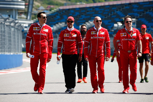 Sochi Autodrom, Sochi, Russia.
Thursday 27 April 2017.
Sebastian Vettel, Ferrari, conducts a track walk with colleagues, including Jock Clear, Engineering Director, Ferrari. 
World Copyright: Andy Hone/LAT Images
ref: Digital Image _ONY8671