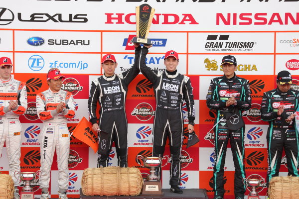 2017 Japanese Super GT Series.
Motegi, Japan.
11th - 12th November 2017. Rd 8.
GT300 Winner Haruki Kurosawa & Naoya Gamou ( #65 LEON CVSTOS AMG ) 2nd position Shinichi Takagi & Sean Walkinshaw ( #55 ARTA BMW M6 GT3 ) 3rd position Nobuteru Taniguchi & Tatsuya Kataoka ( #4 GOODSMILE HATSUNE MIKU AMG ) podium portrait
World Copyright: Yasushi Ishihara/LAT Images
ref: Digital Image 2017_SGT_Rd8_014 2017 Japanese Super GT Series.
Motegi, Japan.
11th - 12th November 2017. Rd 8.
GT300 Winner Haruki Kurosawa & Naoya Gamou ( #65 LEON CVSTOS AMG ) 2nd position Shinichi Takagi & Sean Walkinshaw ( #55 ARTA BMW M6 GT3 ) 3rd position Nobuteru Taniguchi & Tatsuya Kataoka ( #4 GOODSMILE HATSUNE MIKU AMG ) podium portrait
World Copyright: Yasushi Ishihara/LAT Images
ref: Digital Image 2017_SGT_Rd8_014