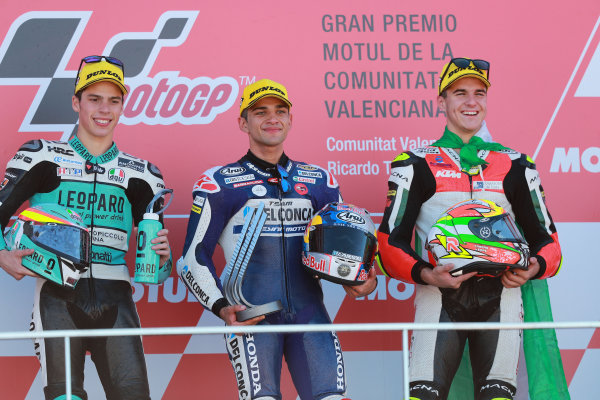 2017 Moto3 Championship - Round 18
Valencia, Spain 
Sunday 12 November 2017
Podium: second place Joan Mir, Leopard Racing, Race winner Jorge Martin, Del Conca Gresini Racing Moto3, third place Marcos Ramírez, Platinum Bay Real Estate 
World Copyright: Gold and Goose Photography/LAT Images 
ref: Digital Image 705974