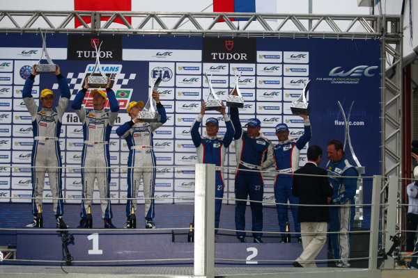 2014 World Endurance Championship,
Interlagos, Brazil. 28th - 30th November 2014.
P2 Podium (l-r) Matthew Howson / Richard Bradley / Alexandre Imperatori KCMG Oreca 03 Nissan, Sergey Zlobin / Nicolas Minassian / Maurizio Mediani SMP Racing Oreca 03 Nissan.
World Copyright: Ebrey / LAT Photographic.