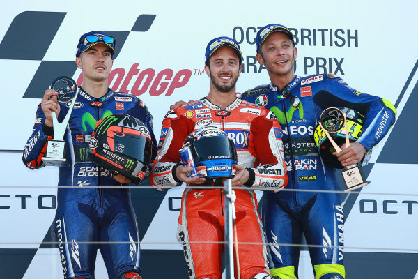 2017 MotoGP Championship - Round 12
Silverstone, Northamptonshire, UK.
Sunday 27 August 2017
Podium: race winner Andrea Dovizioso, Ducati Team, second place Maverick Viñales, Yamaha Factory Racing, third place Valentino Rossi, Yamaha Factory Racing
World Copyright: Gold and Goose / LAT Images
ref: Digital Image 1061