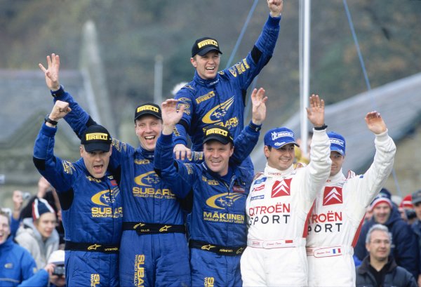 2003 World Rally Championship
Rally of Great Britain, Wales. 6th - 9th November 2003.
Petter Solberg / Phillip Mills, Subaru Impreza WRC 2003; Sebastien Loeb / Daniel Elena, Citroen Xsara; Tommi Makinen / Kaj Lindstrom, Subaru Impreza WRC 2003. Celebration, waving.
World Copyright: Spinney/LAT
ref: 35mm Image WRC_GB_17
jpg